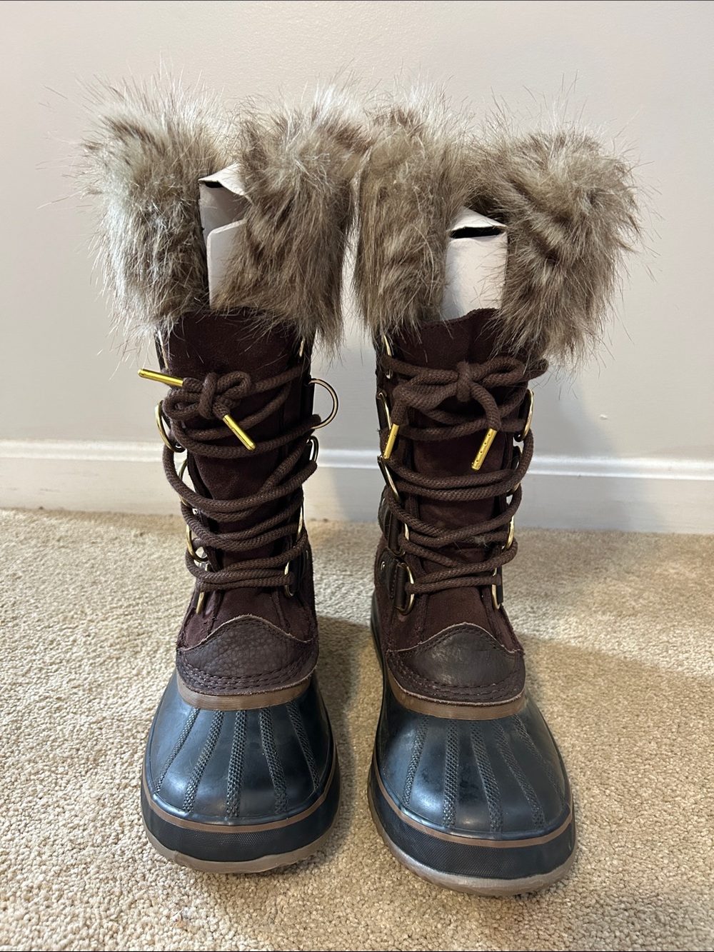 New Sorel Brown Faux-Fur Trim Waterproof Lace-Up Winter Boots